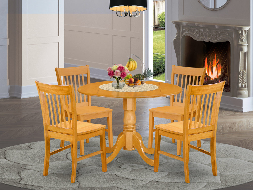 DLNO5-RG2-V 5 Piece Round Table Set with Dropleaf and Four Chairs, 42 Oak Finish