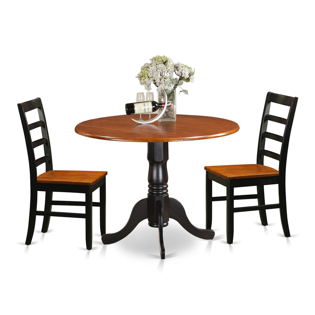 DLPF3-OLZ-O Compact 3-Piece Dining Set for Cozy Areas with Round Dropleaf Table and Two Chairs, Black & Cherry, 42