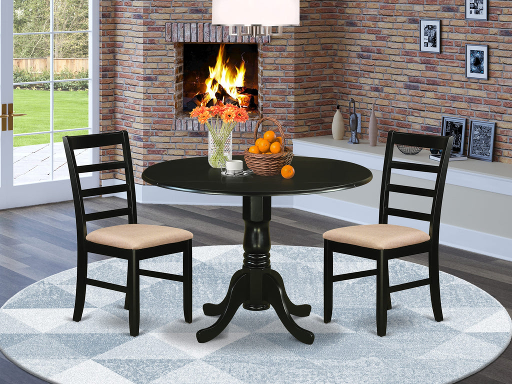 DLPF3-A2G-D 3-Piece Set Round Dining Table w/Dropleaf & 2 Upholstered Chairs, 42x42in, Elegant Black