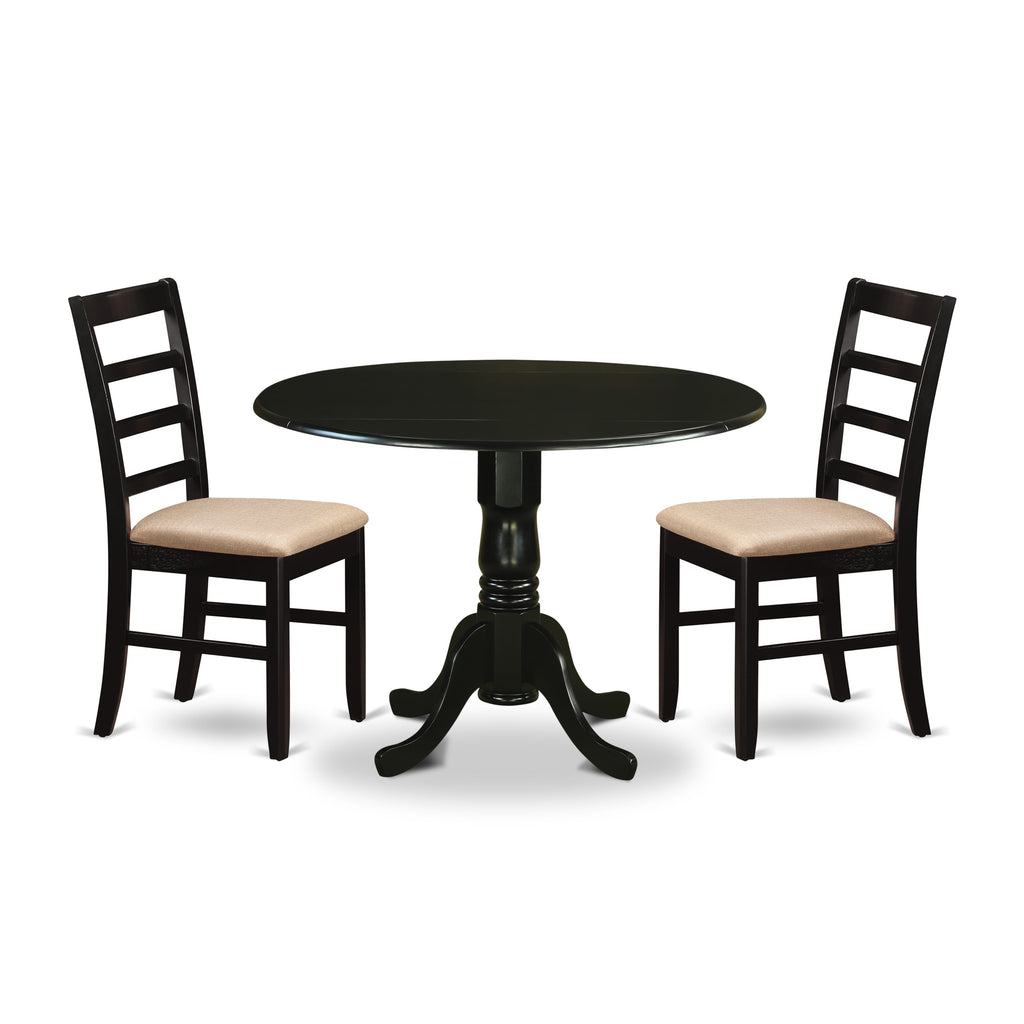 DLPF3-A2G-D 3-Piece Set Round Dining Table w/Dropleaf & 2 Upholstered Chairs, 42x42in, Elegant Black