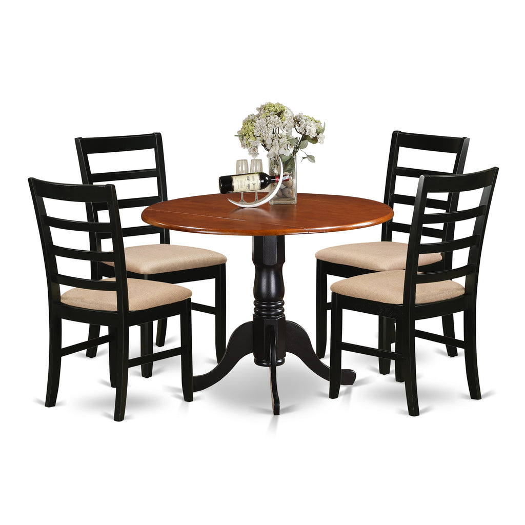 DLPF5-2C3-Z 5 Piece Round Table Set with Dropleaf and Linen Chairs, 42x42, Cherry & Black