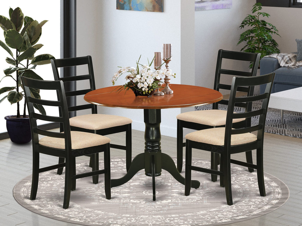 DLPF5-2C3-Z 5 Piece Round Table Set with Dropleaf and Linen Chairs, 42x42, Cherry & Black