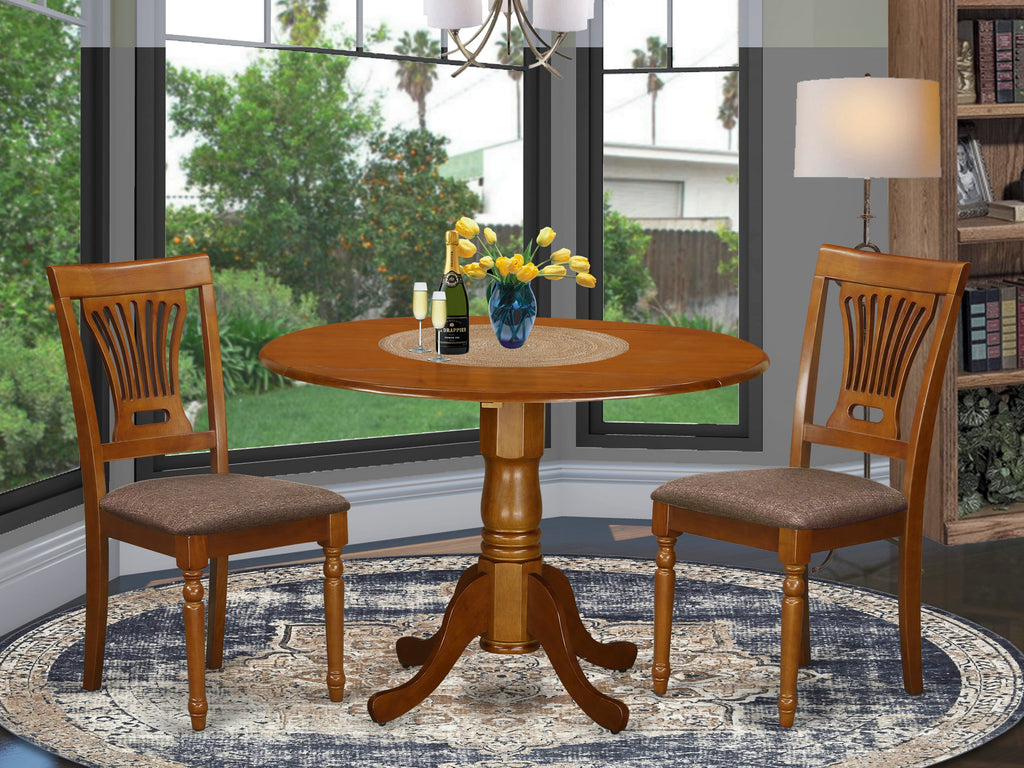 DLPL3-MMP-M 3 Piece Set Round Dropleaf Table & 2 Upholstered Chairs, Saddle Brown, 42 Size