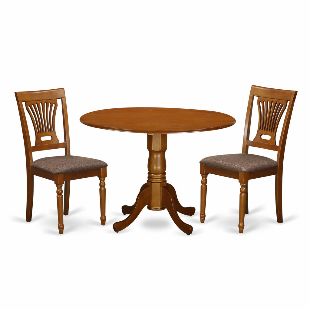 DLPL3-MMP-M 3 Piece Set Round Dropleaf Table & 2 Upholstered Chairs, Saddle Brown, 42 Size