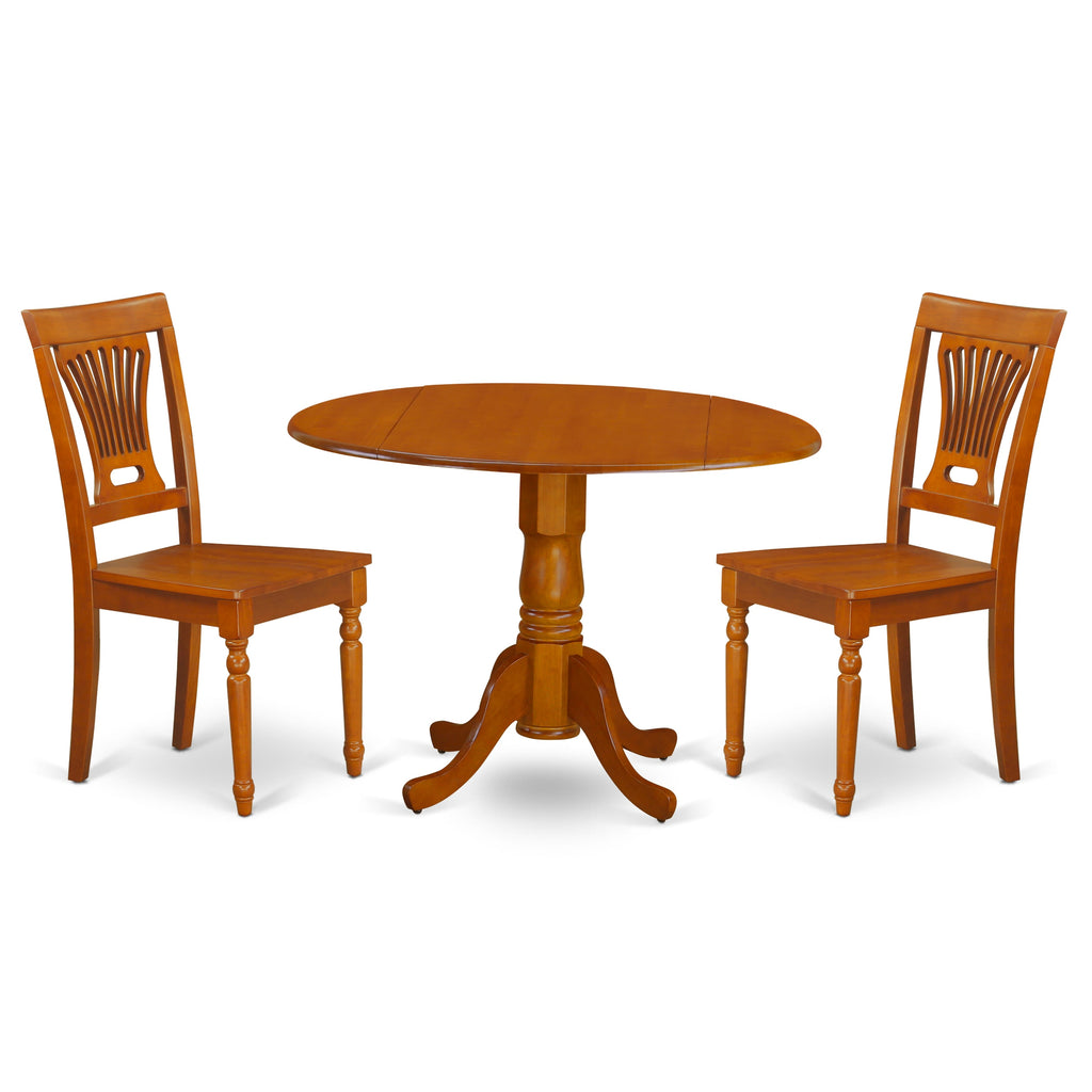 Dining Set DLPL3-TM2-F 3-Piece Compact Set with Round Drop Leaf Table & Wooden Seats, Saddle Brown