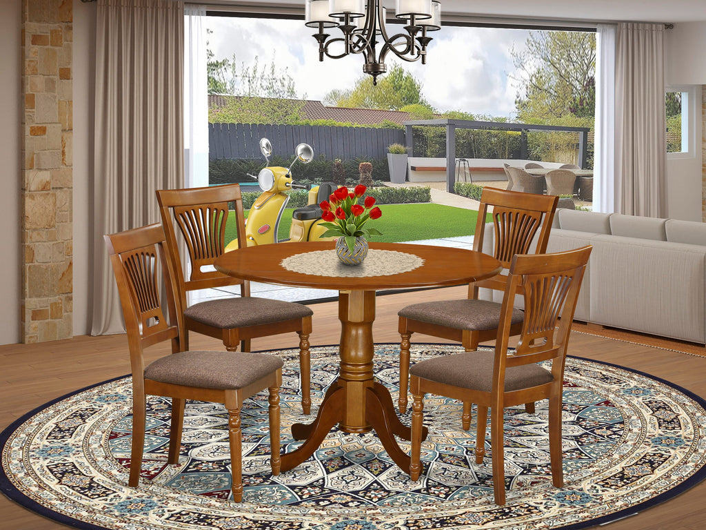 DLPL5-FV2-S 5-Piece Dining Ensemble Saddle Brown Round Table with Dropleaf & 4 Fabric Chairs, 42x42