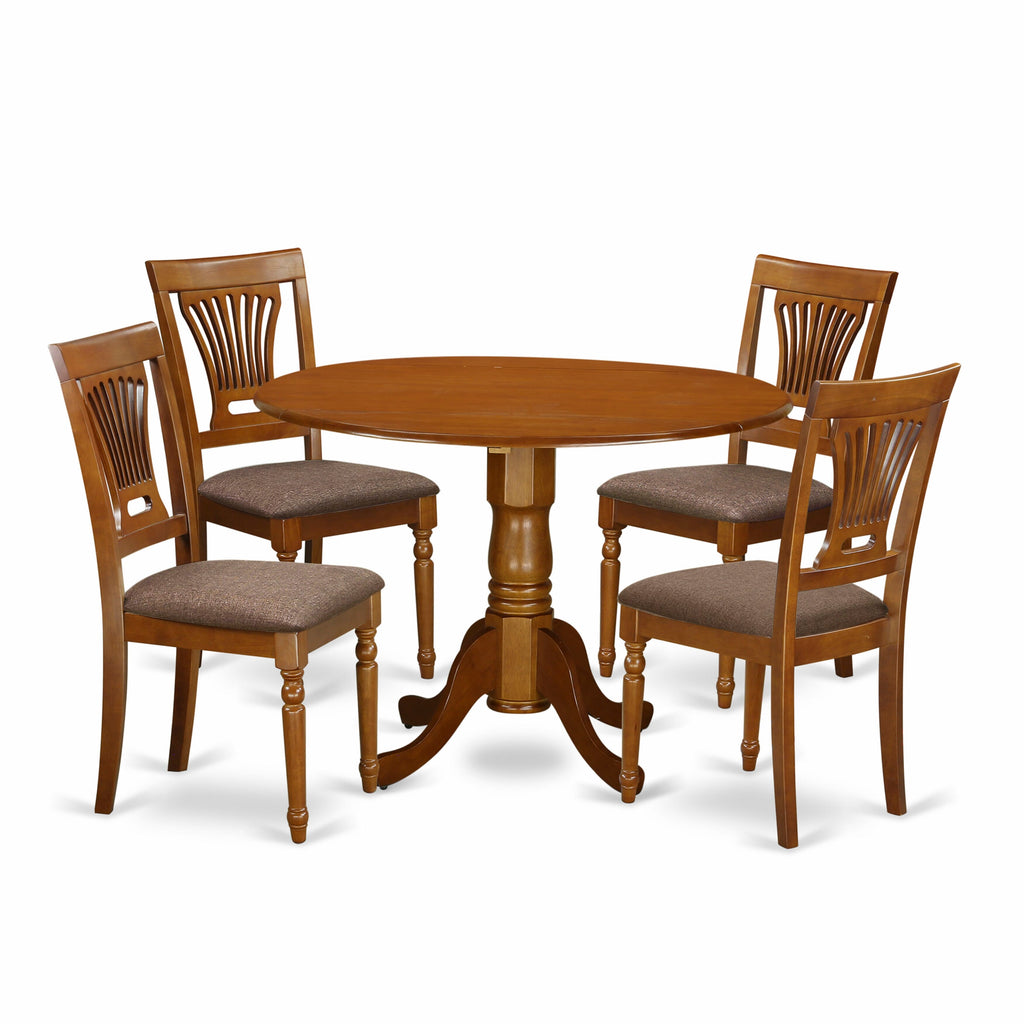 DLPL5-FV2-S 5-Piece Dining Ensemble Saddle Brown Round Table with Dropleaf & 4 Fabric Chairs, 42x42