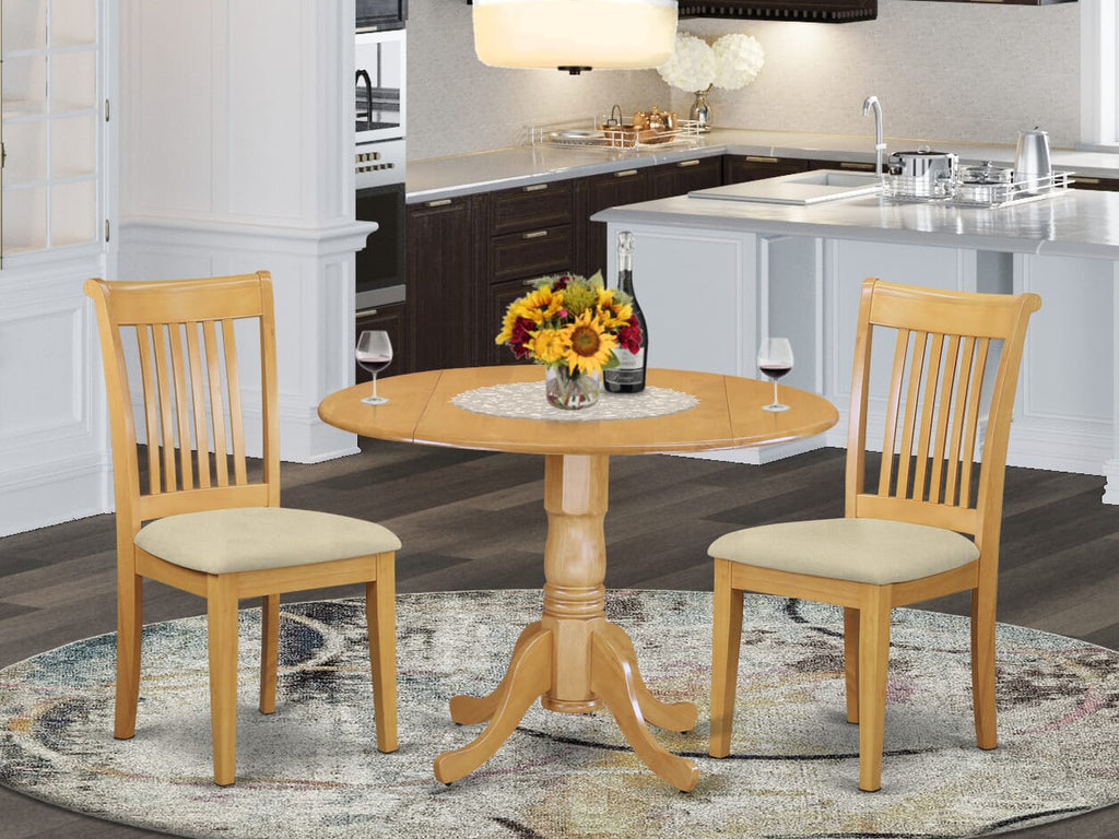 Dining Set DLPO3-KKN-H with a Stylish Circular Table and Comfy Linen Chairs, Oak Finish 3-Piece