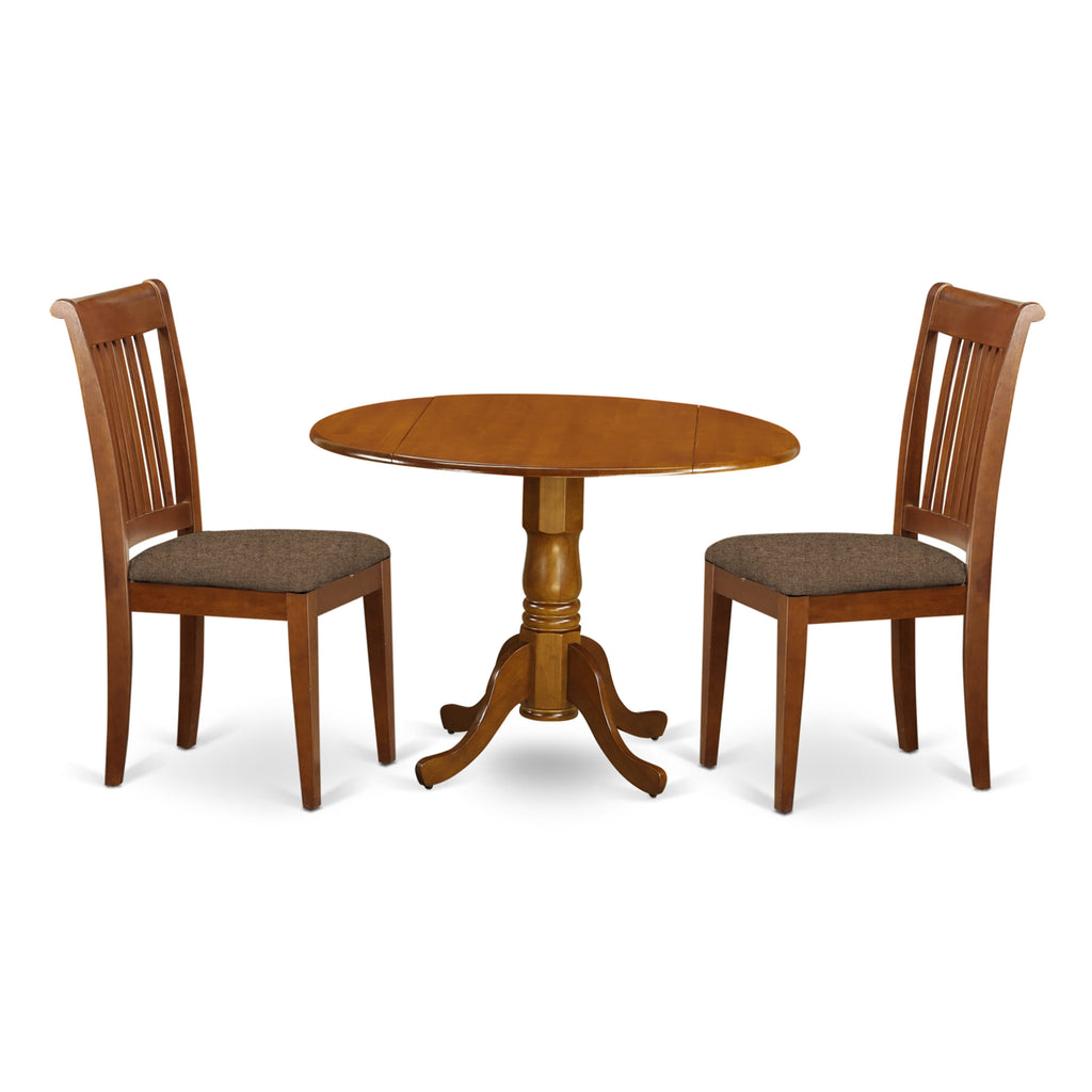 DLPO3-TIR-A 3-Piece Kitchen Dining Set Round Dropleaf Table & 2 Upholstered Chairs Browns Bundle