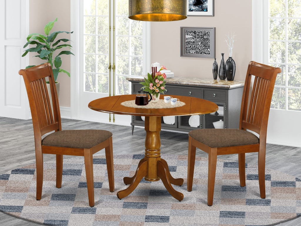 DLPO3-TIR-A 3-Piece Kitchen Dining Set Round Dropleaf Table & 2 Upholstered Chairs Browns Bundle