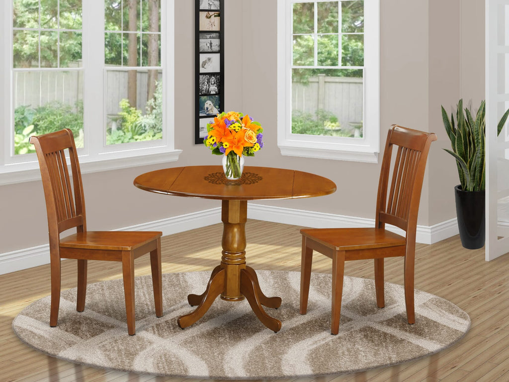 DLPO3-K0I-C 3-Piece Saddle Brown Dining Set Convertible Round Table & Two Wooden Chairs