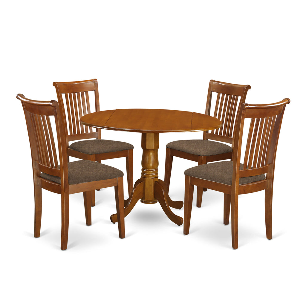 DLPO5-W50-X 5-Piece Dining Set Round Drop Leaf Table & Upholstered Chairs for Four in Saddle Brown, 42”