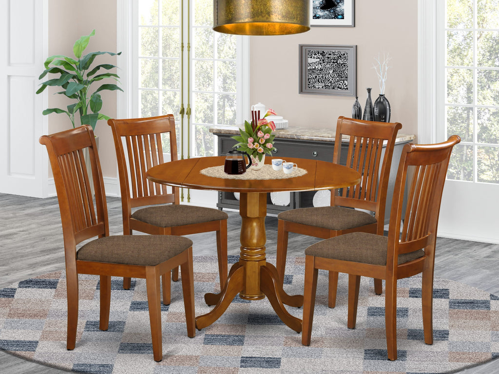 DLPO5-W50-X 5-Piece Dining Set Round Drop Leaf Table & Upholstered Chairs for Four in Saddle Brown, 42”