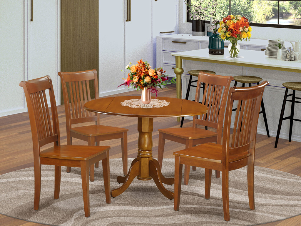Explore Elegant Dining with DLPO5-1E0-P A 5-Piece Round Table Set Featuring Dropleaf & 4 Chairs in Saddle Brown, 42 Inch