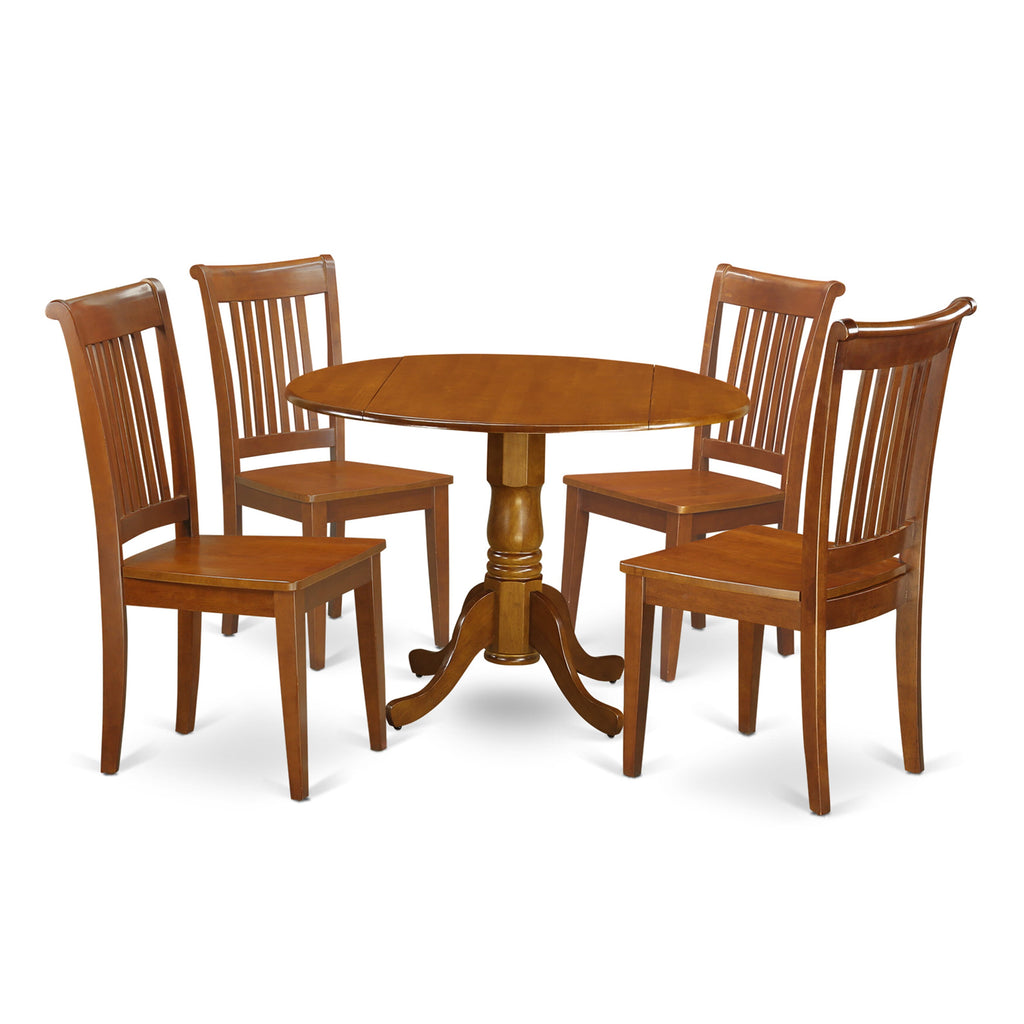 Explore Elegant Dining with DLPO5-1E0-P A 5-Piece Round Table Set Featuring Dropleaf & 4 Chairs in Saddle Brown, 42 Inch