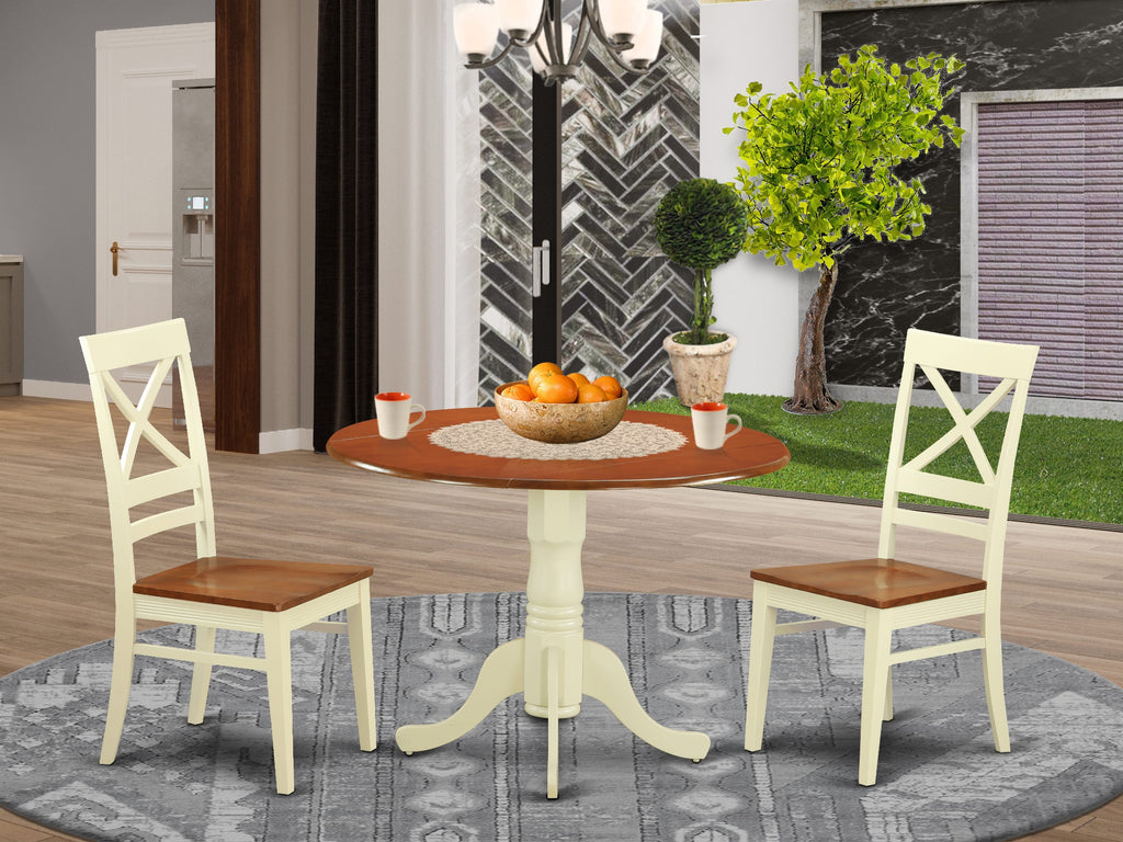 DLQU3-WG4-B Comfy 3-Piece Dining Set with Circular Drop-Leaf Table and Classic Chairs, 42x42 Two-Tone Combination