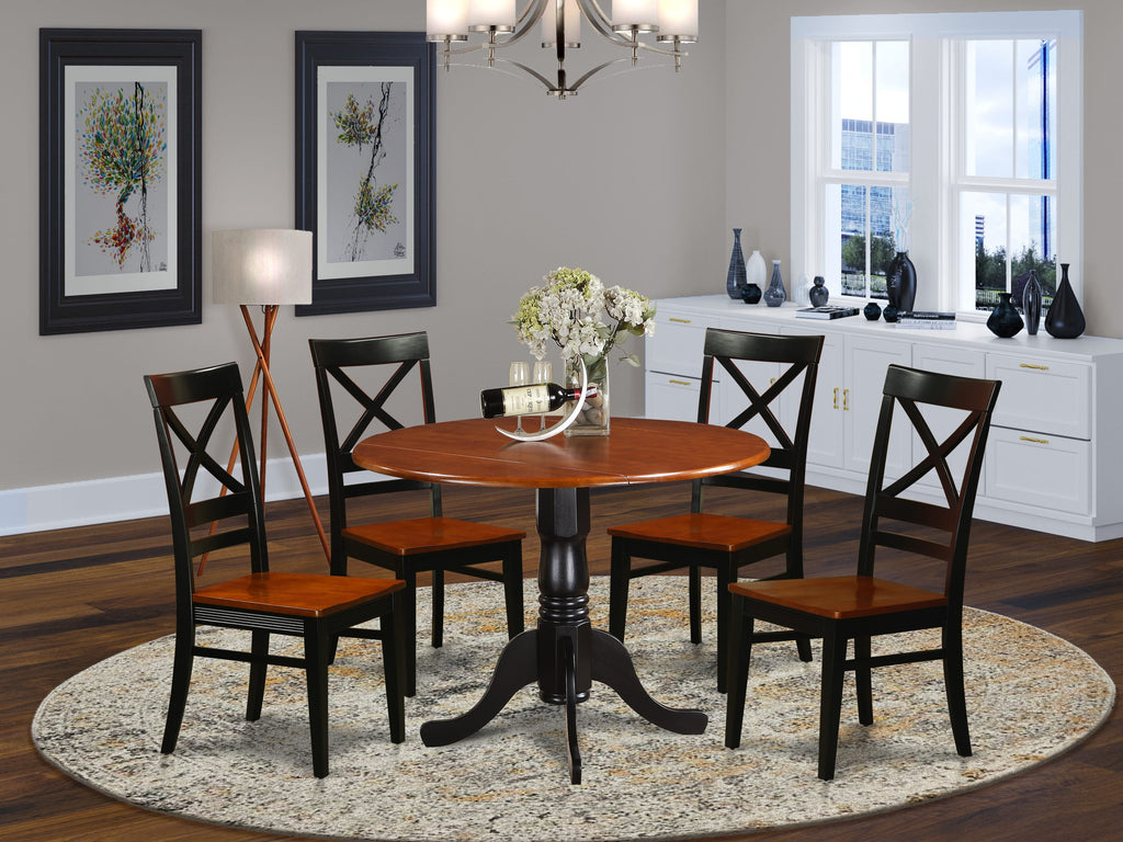 DLQU5-8SJ-3 42x42 Inch Dining Set with Circular Dropleaf Table and Four Chairs in Stylish Black & Cherry