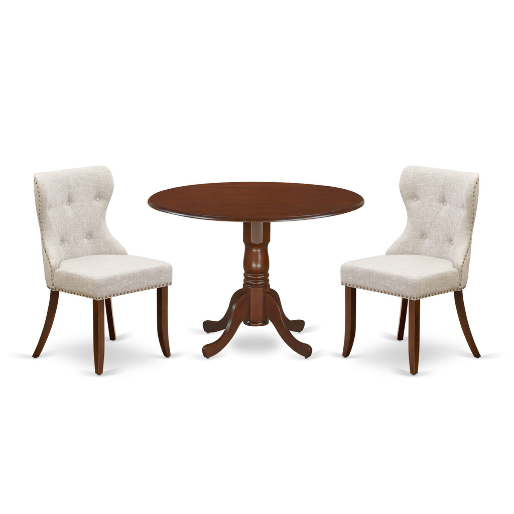 DLSI3-205-N0 Dropleaf 3-Piece Dining Set with Mahogany Table and Parson Chairs in Doeskin Linen