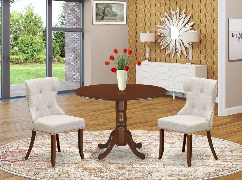 DLSI3-205-N0 Dropleaf 3-Piece Dining Set with Mahogany Table and Parson Chairs in Doeskin Linen