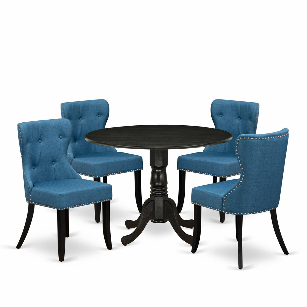 DLSI5-CTF-P0 5 Pc Round Dining Set w/ Dropleaf Table & 4 Blue Upholstered Chairs, 42 Black Finish