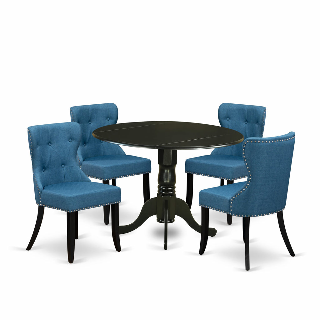 DLSI5-88W-DJ 5-Piece Dining Ensemble Round Table with Dropleaf & 4 Blue Fabric Chairs, 42x42, Elegant Black