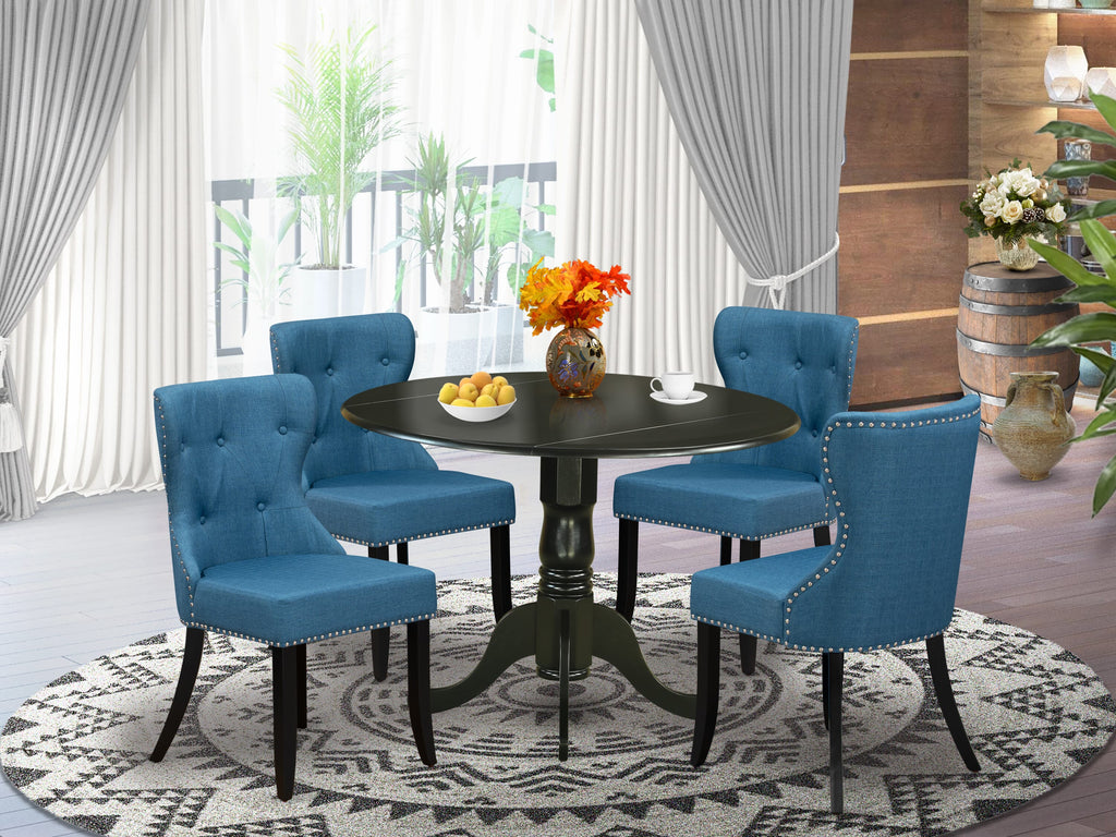 DLSI5-88W-DJ 5-Piece Dining Ensemble Round Table with Dropleaf & 4 Blue Fabric Chairs, 42x42, Elegant Black