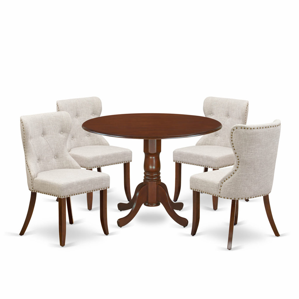 DLSI5-79F-OO 5-Piece Dining Suite with Round Dropleaf Table, Parson Linen Seats, Mahogany Finish