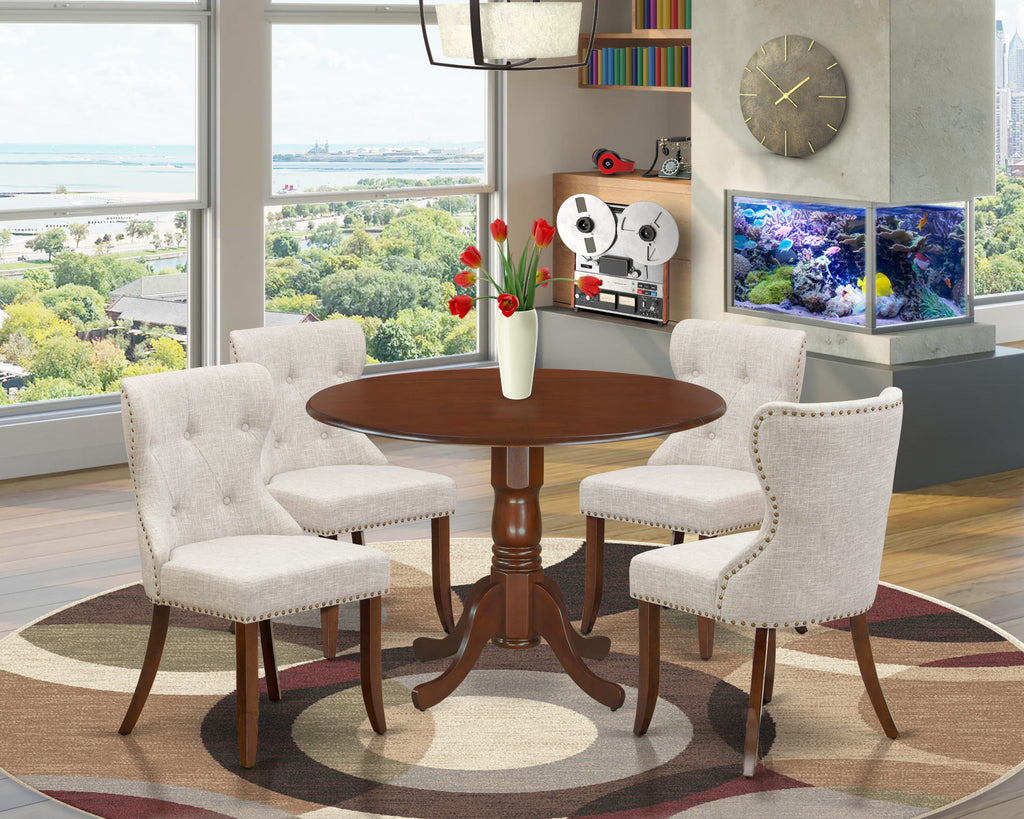 DLSI5-79F-OO 5-Piece Dining Suite with Round Dropleaf Table, Parson Linen Seats, Mahogany Finish