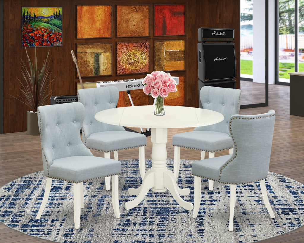 DLSI5-PP8-L5 Round Dining Set 5-Piece Dropleaf Table with Baby Blue Linen Parsons Chairs, Linen White