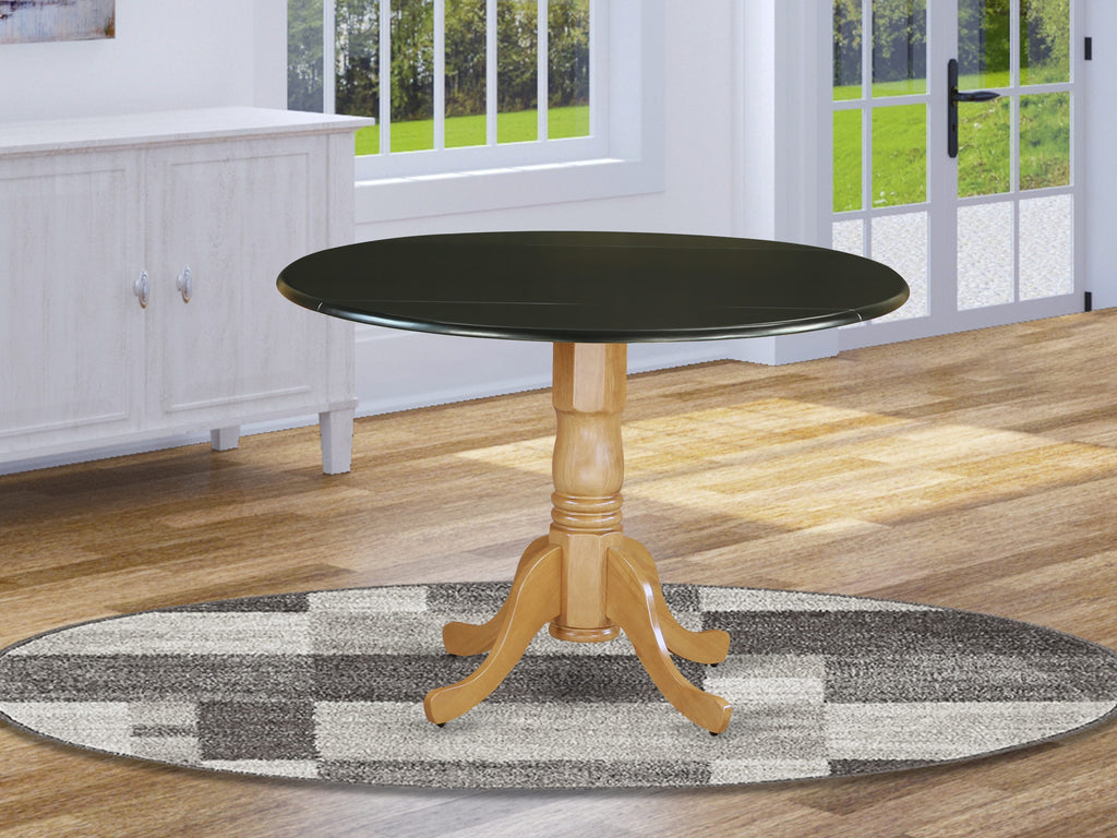 DLT-B3S-6P Round Dining Table with Dropleaf Pedestal, 42-inch Top in Black & Oak Finish