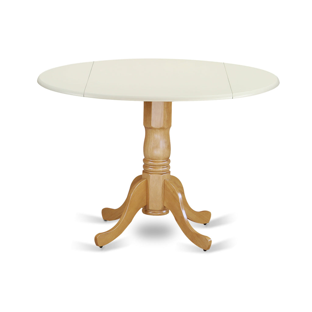 DLT-L6L-YB Dublin Round Kitchen Table with Dropleaf & Pedestal - 42 Inch, Linen White & Oak Finish