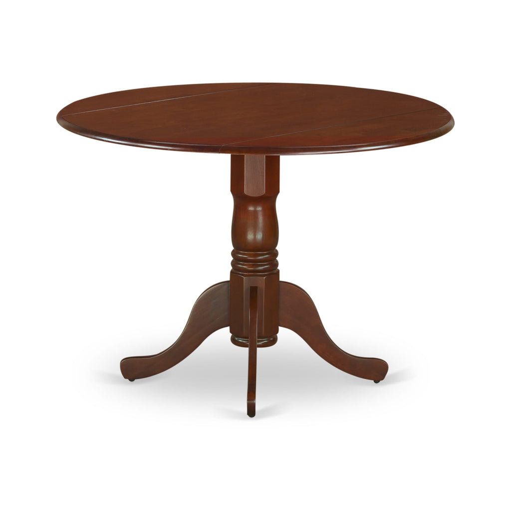 DLNO5-6FE-Z Elegant 5-Piece Dining Collection with Round Dropleaf Table and 4 Linen Chairs, Rich Mahogany