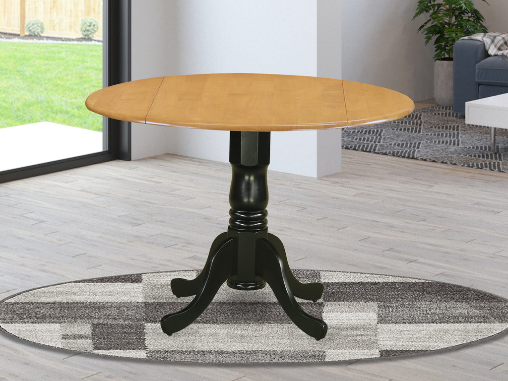 DLT-OJ3-UC Round Dining Table with Dropleaf & Pedestal Base for Cozy Kitchens, 42 Oak & Black Finish