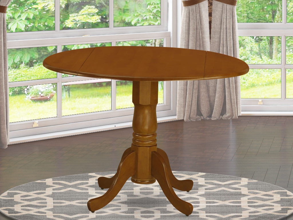 DLT-SMZ-UJ Dining Table Round Pedestal Design with Dropleaf, Saddle Brown Wood, 42x42