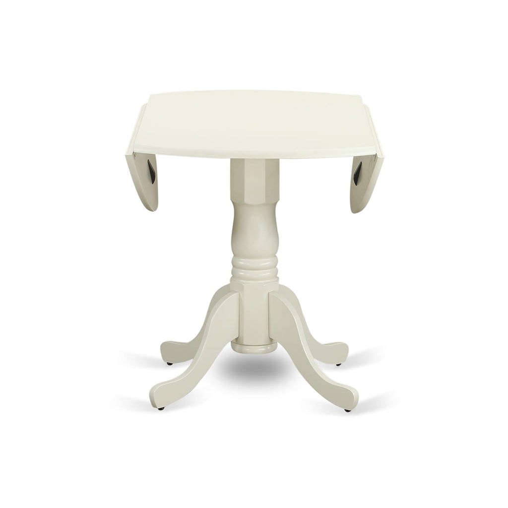 DLFL5-26B-S7 5-Piece Drop Leaf Dining Ensemble with Round Table and Cream Linen Parson Chairs, 42x42 Inch, Bright White Finish