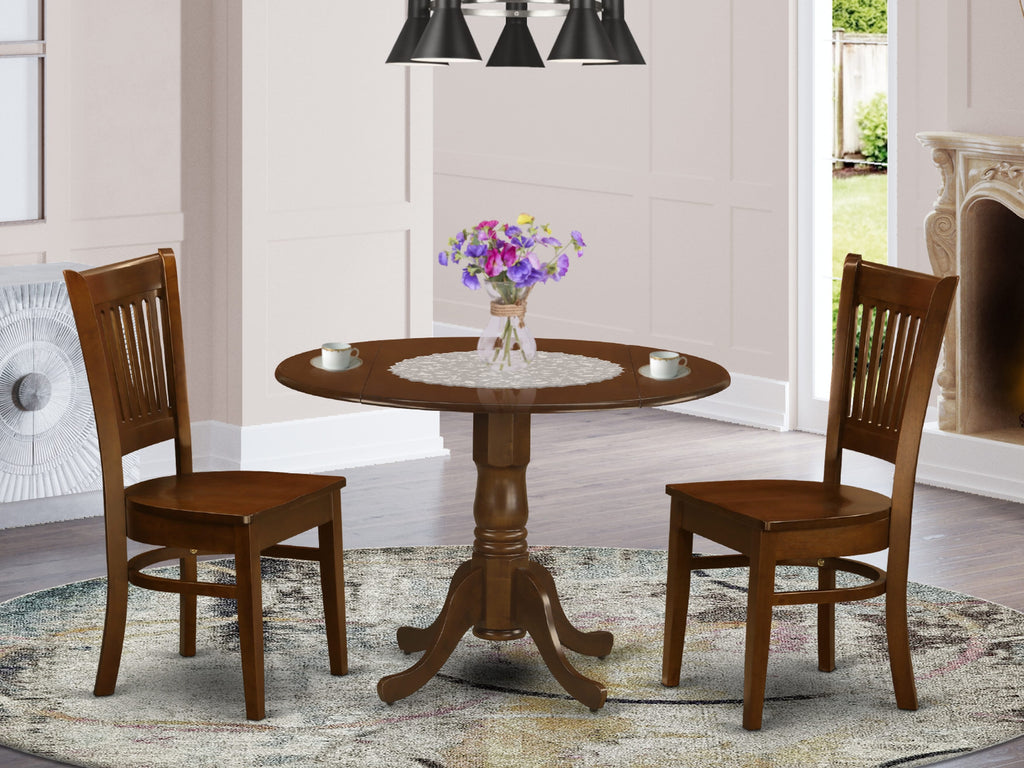 DLVA3-QTI-B Set Espresso Compact 3-Piece Round Table with Drop-Leaf and Two Chairs for Small Areas, 42x42