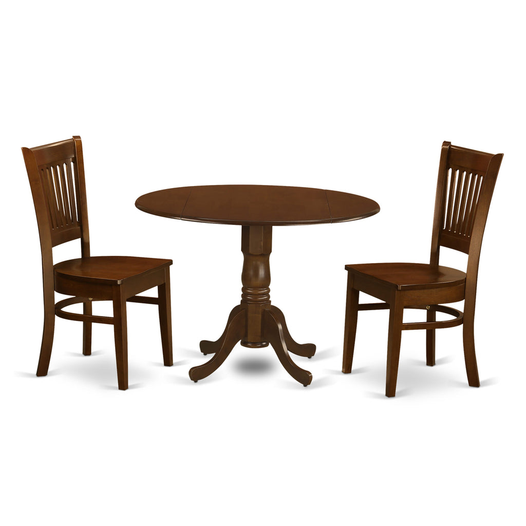 DLVA3-QTI-B Set Espresso Compact 3-Piece Round Table with Drop-Leaf and Two Chairs for Small Areas, 42x42