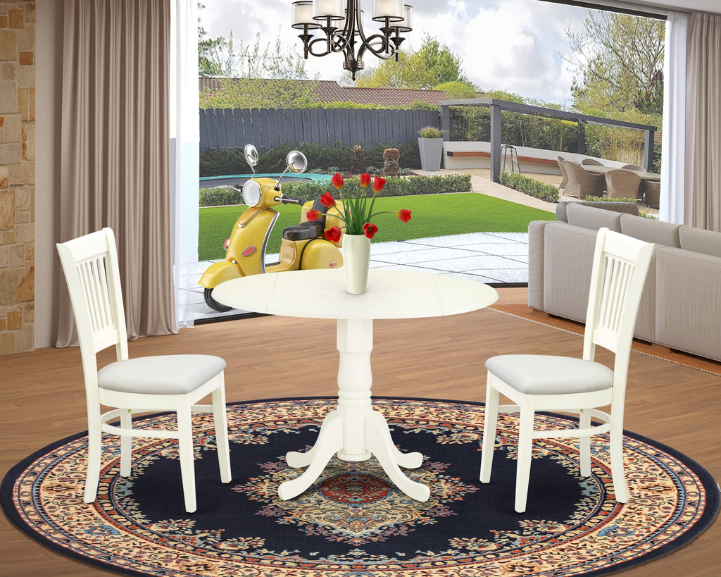 DLVA3-Z1S-E Cozy 3-Piece Set with Round Dropleaf Table and Soft Upholstered Chairs, 42 Linen White