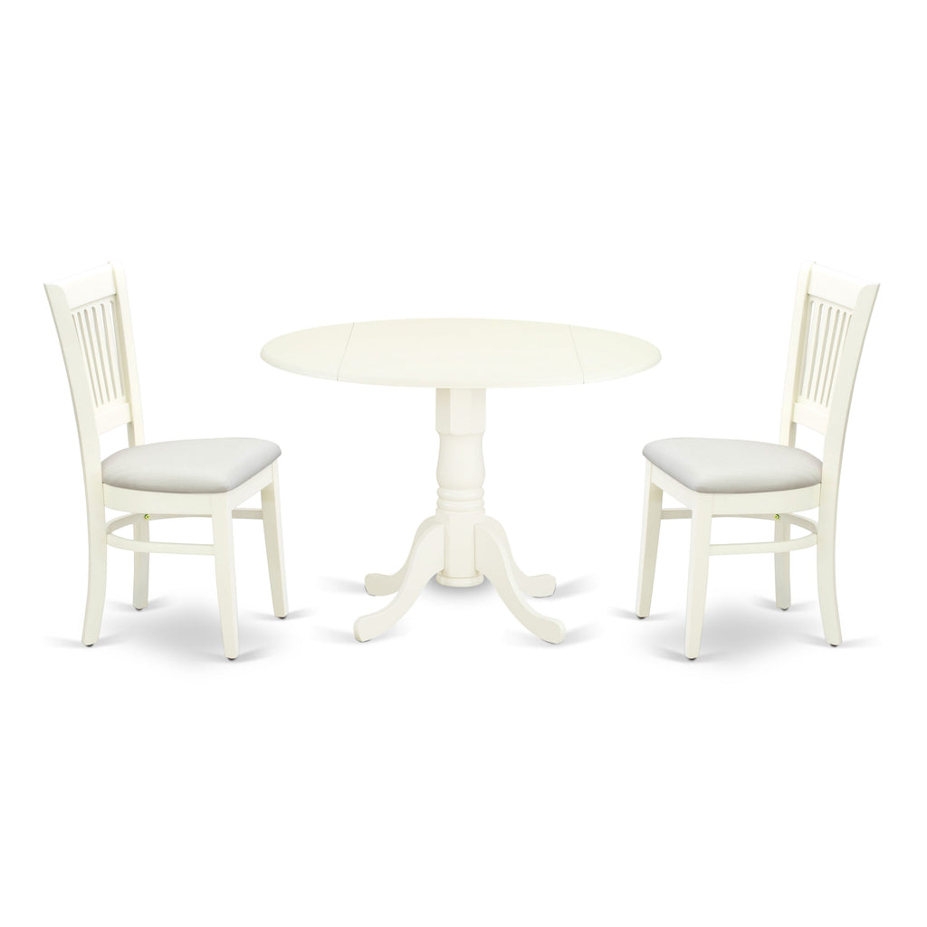 DLVA3-Z1S-E Cozy 3-Piece Set with Round Dropleaf Table and Soft Upholstered Chairs, 42 Linen White