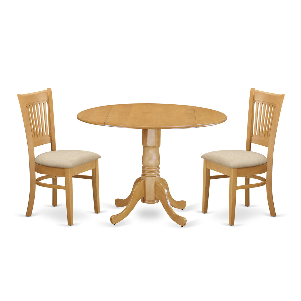 DLVA3-C96-6 Modern 3 Pc Set Oval Drop Leaf Dining Table & Upholstered Fabric Seats, Oak Finish