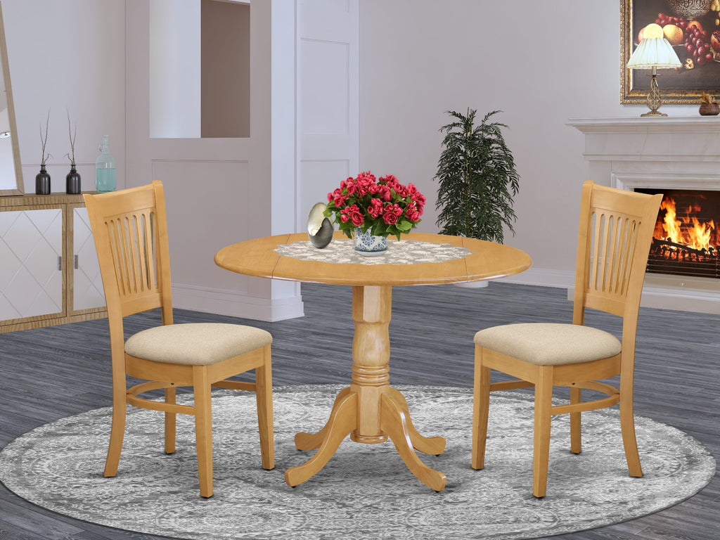 DLVA3-C96-6 Modern 3 Pc Set Oval Drop Leaf Dining Table & Upholstered Fabric Seats, Oak Finish