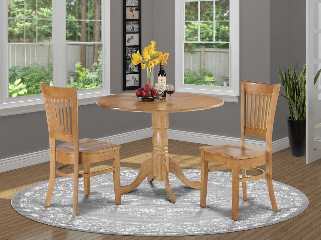 3-Piece Oak Dining Set with Dropleaf, Model DLVA3-D8X-Y, Includes Round Table and 2 Chairs for Compact Areas, 42 Diameter