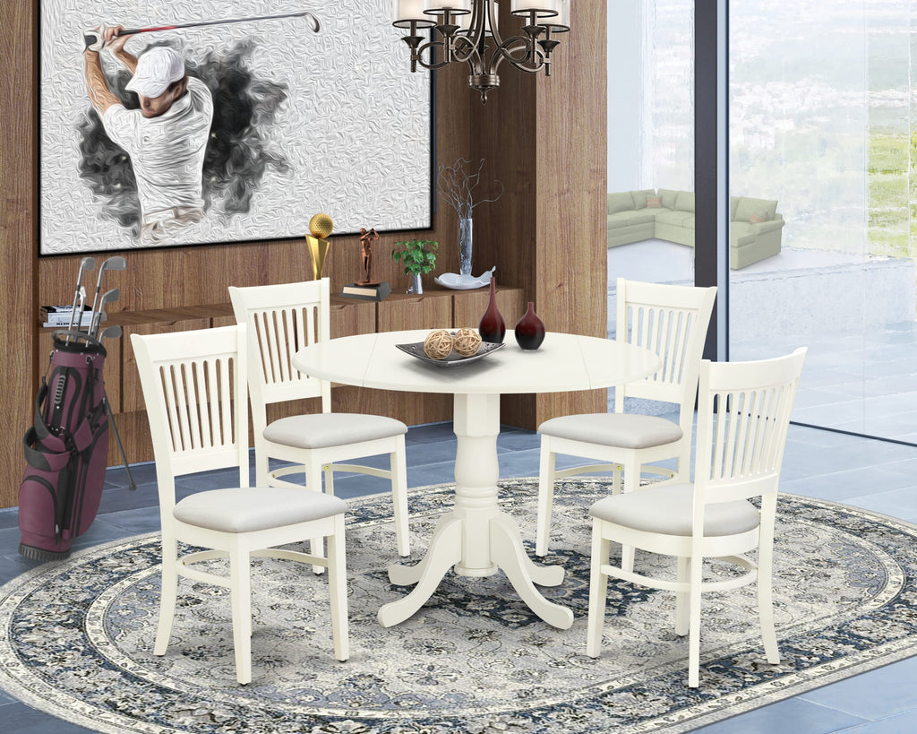 DLVA5-9C5-L 5-Piece Set Round Dropleaf Dining Table with 4 Linen Upholstered Chairs in Classic White, 42x42