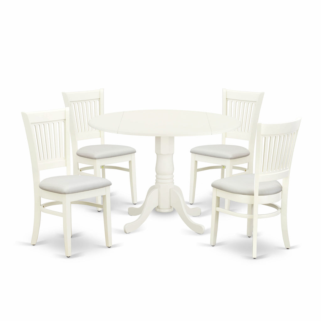DLVA5-9C5-L 5-Piece Set Round Dropleaf Dining Table with 4 Linen Upholstered Chairs in Classic White, 42x42