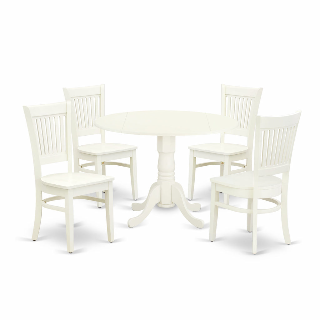 DLVA5-3ML-I Set Compact 5-Pc Dining Ensemble with Drop Leaf Round Table and 4 Chairs in Linen White, 42
