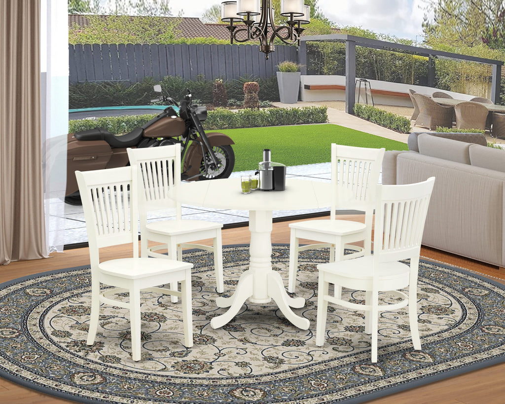 DLVA5-3ML-I Set Compact 5-Pc Dining Ensemble with Drop Leaf Round Table and 4 Chairs in Linen White, 42