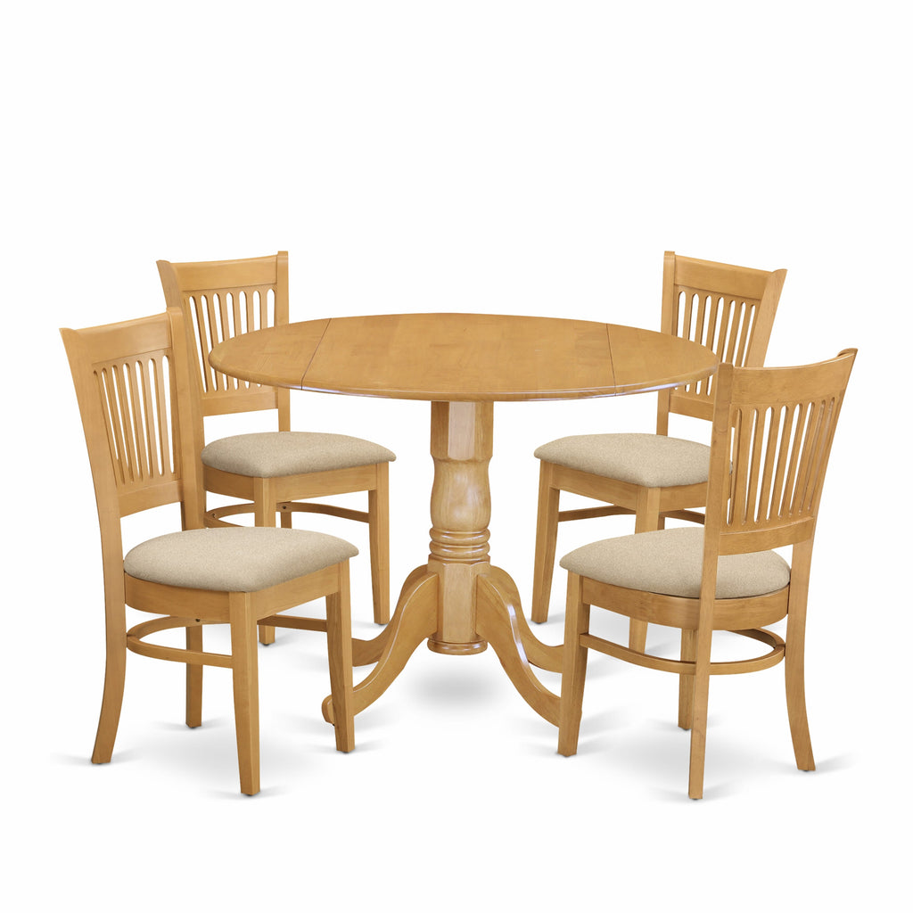 DLVA5-G12-J Stunning Round Dining Collection with Dropleaf Table and Fabric Chairs, 5 Pieces, Oak Finish