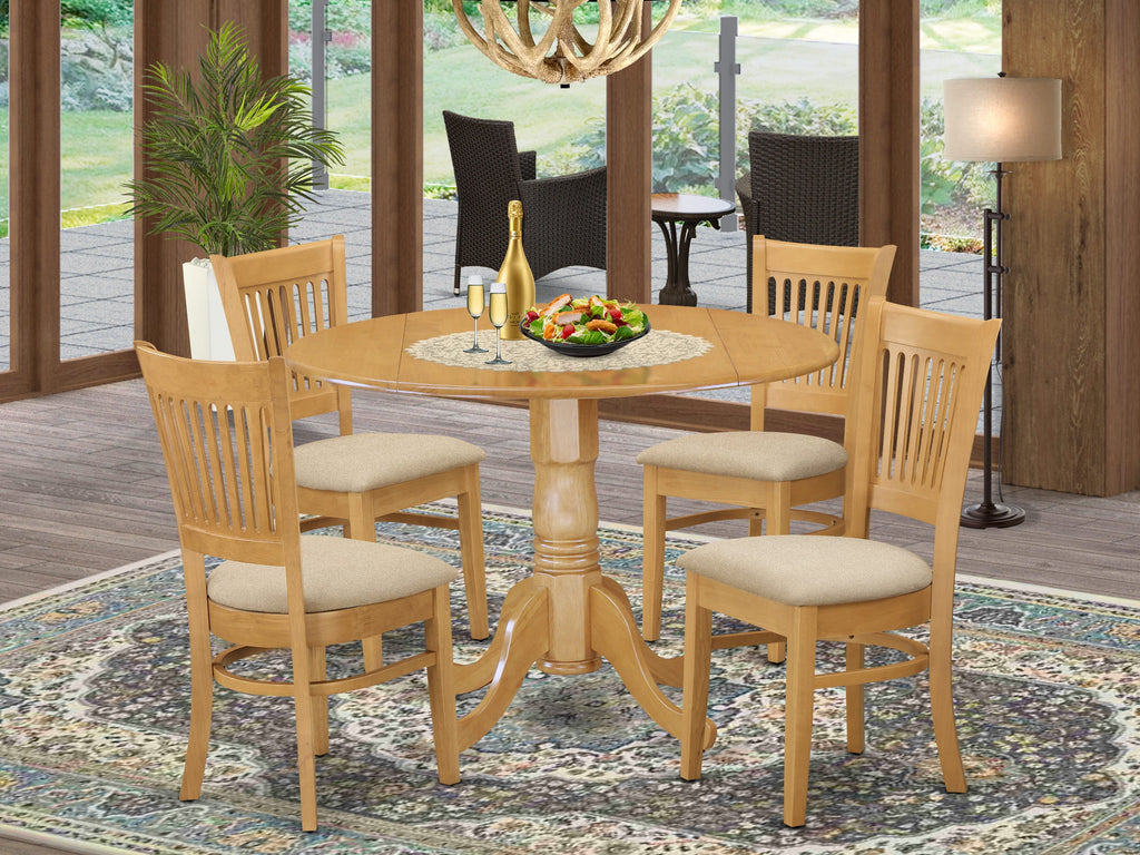 DLVA5-G12-J Stunning Round Dining Collection with Dropleaf Table and Fabric Chairs, 5 Pieces, Oak Finish
