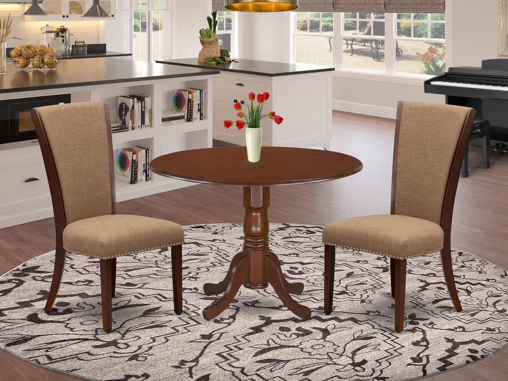 DLVE3-NET-TP Dining Ensemble with Round Drop-Leaf Table & 2 Upholstered Chairs, Light Sable Linen, 42-inch