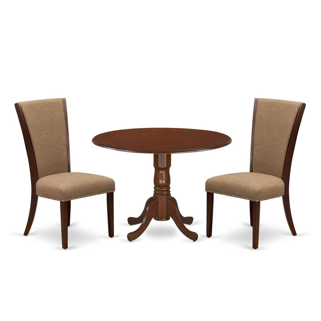 DLVE3-NET-TP Dining Ensemble with Round Drop-Leaf Table & 2 Upholstered Chairs, Light Sable Linen, 42-inch